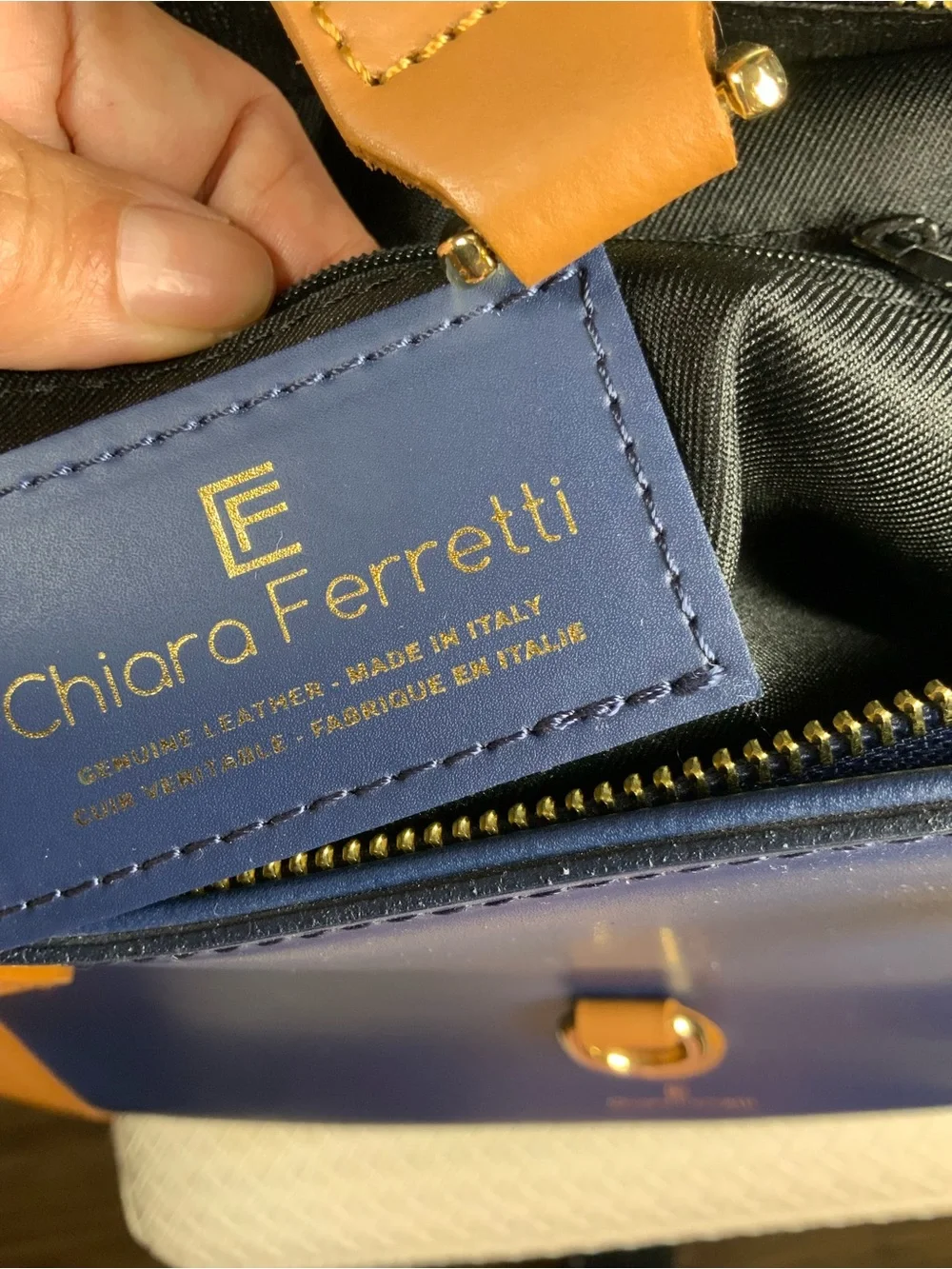 Chiara Ferretti Navy and Tan Leather Tote with Gold Hardware